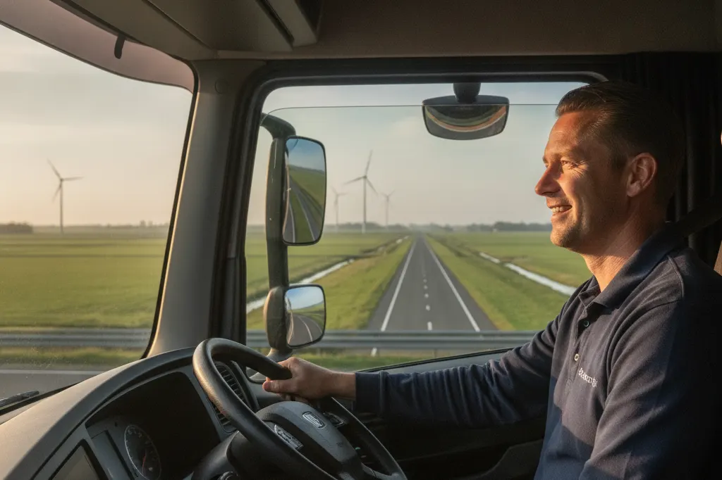 Vrachtwagenchauffeur achter het stuur op een Nederlandse polderweg