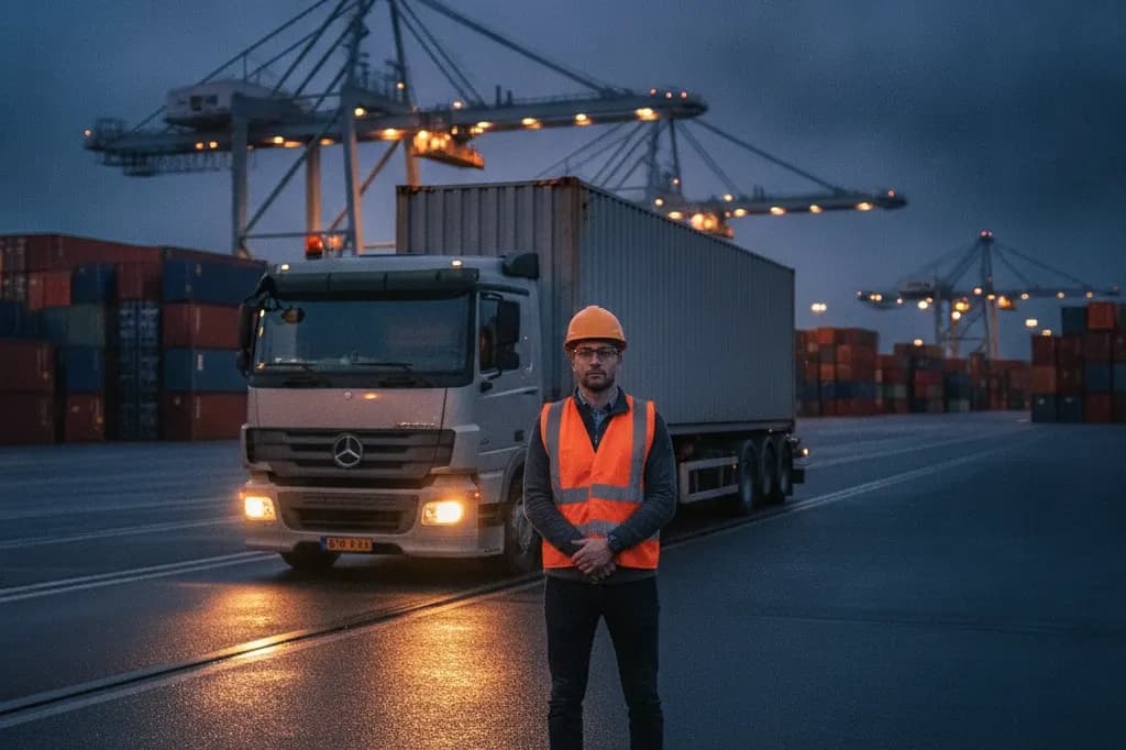 Containerchauffeur bij zijn vrachtwagen op een containerterminal op de Maasvlakte