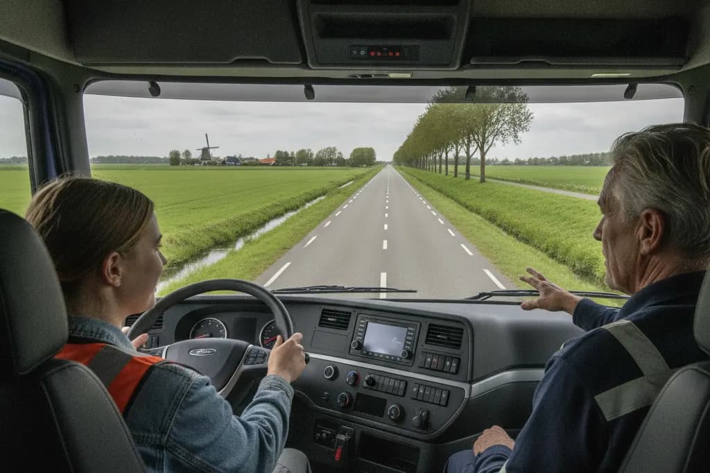 Leerling-chauffeur krijgt rijles in een vrachtwagen met een instructeur naast zich