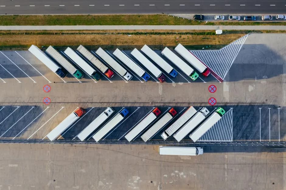 Luchtfoto van vrachtwagens op het terrein van een transportbedrijf