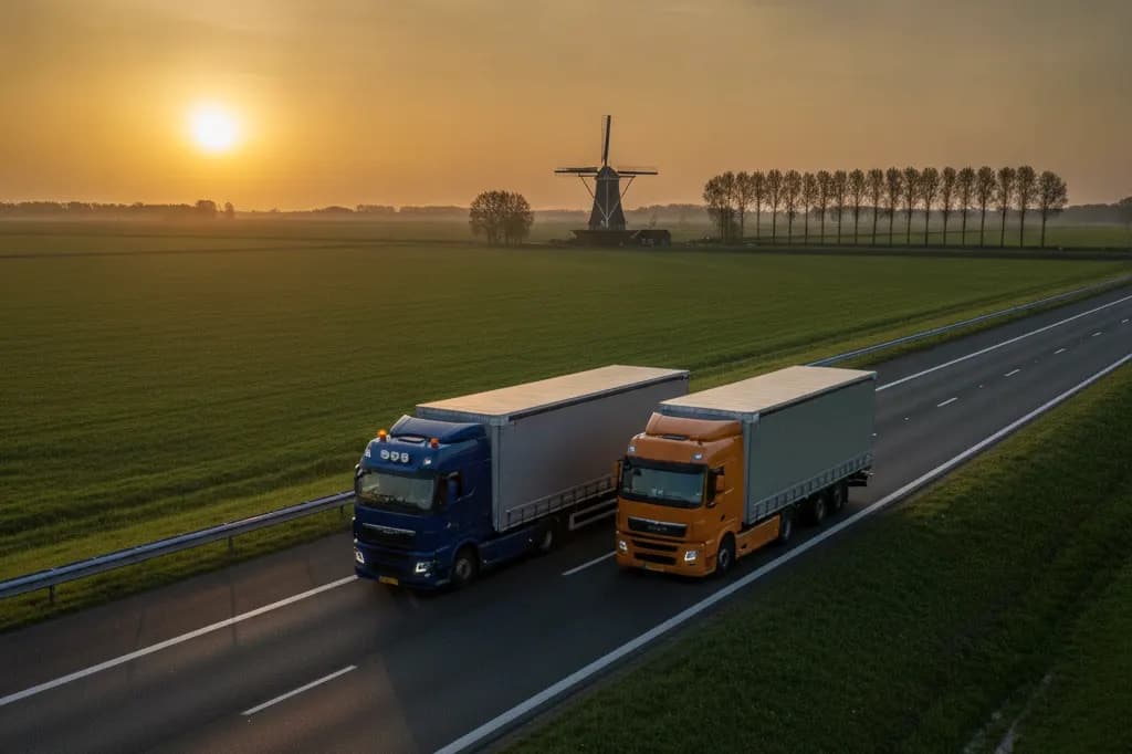 Twee vrachtwagens op een Nederlandse snelweg bij zonsopkomst