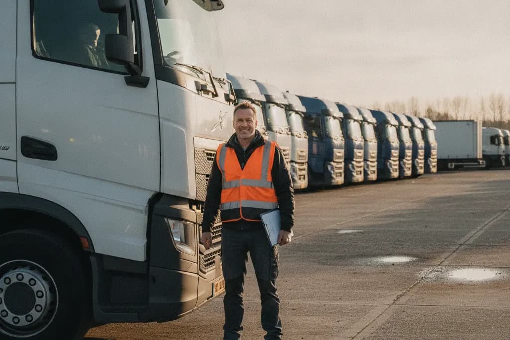 Zij-instromer in veiligheidshesje naast zijn vrachtwagen op het bedrijfsterrein